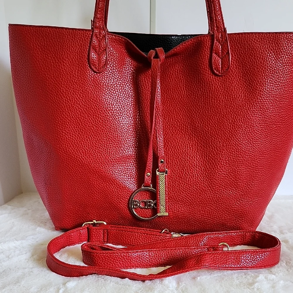 BCBG Paris Reversible Tote Shoulder Bag Black Red